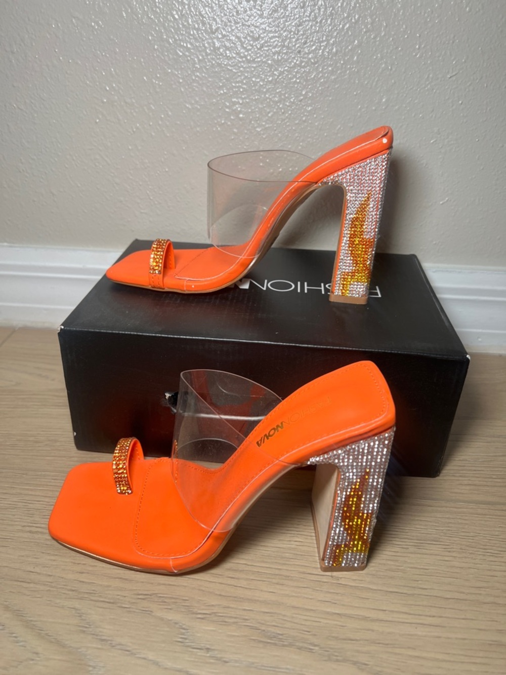NWT Fashion Nova Orange Crystal Block Heel Mule - Women's Clear Strap Sandal